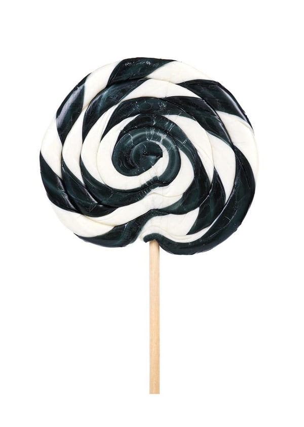Poster featuring a black and white swirling lollipop on a stick against a plain white background.