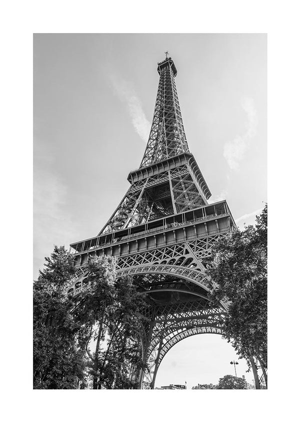 Black and white poster of the Eiffel Tower viewed from below, framed by trees against a clear sky.
