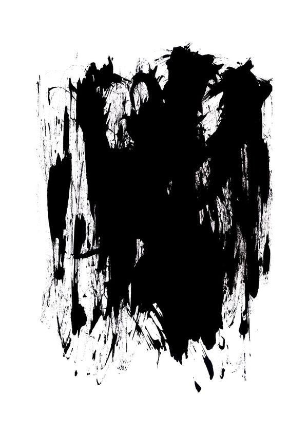 Abstract black paint strokes on a white background, featured on the "As long as it is black" poster.