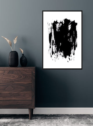 "As long as it is black" poster with abstract black paint on white, framed and hung above a modern dresser.