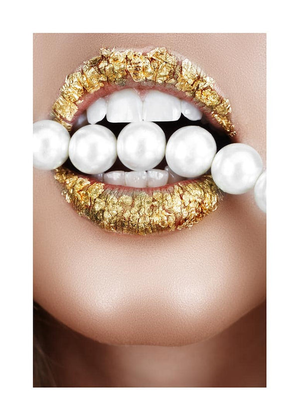 Close-up of gold-painted lips holding a string of white pearls, featured on the Golden Lips poster.