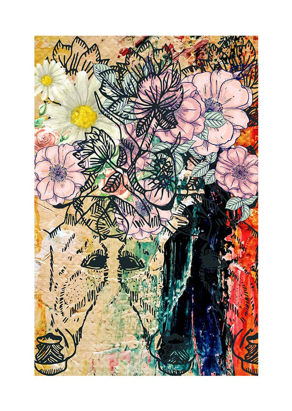 Abstract poster featuring colorful flowers and sketched horse faces on a textured, multicolored background.