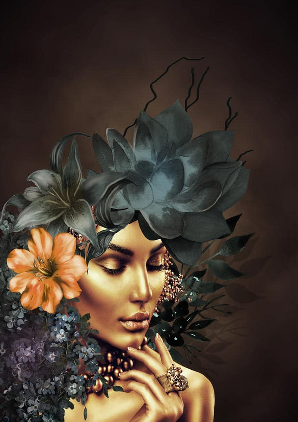 Golden fashion 1 poster featuring a woman with floral headpiece and golden-toned skin on a dark background.