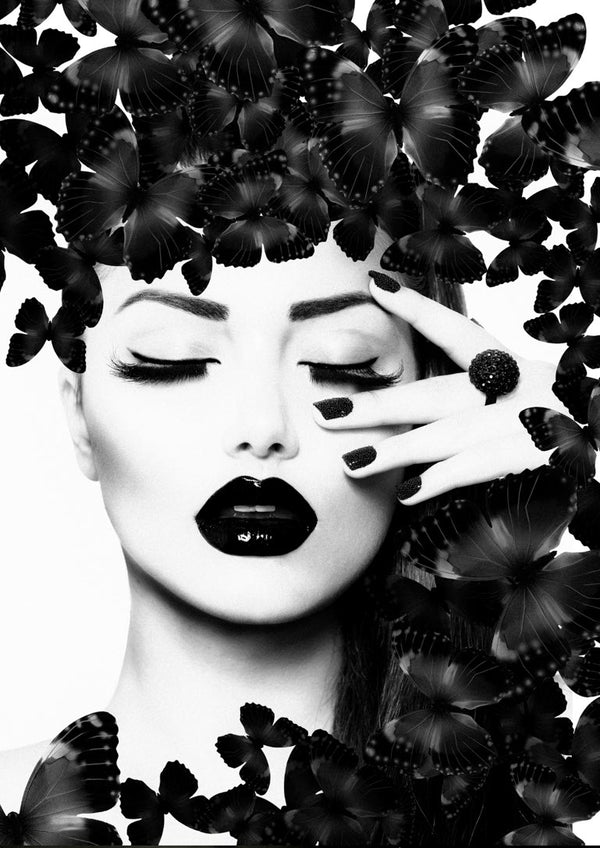 Black lipstick butterflies poster featuring a woman with bold black lips surrounded by black butterflies.