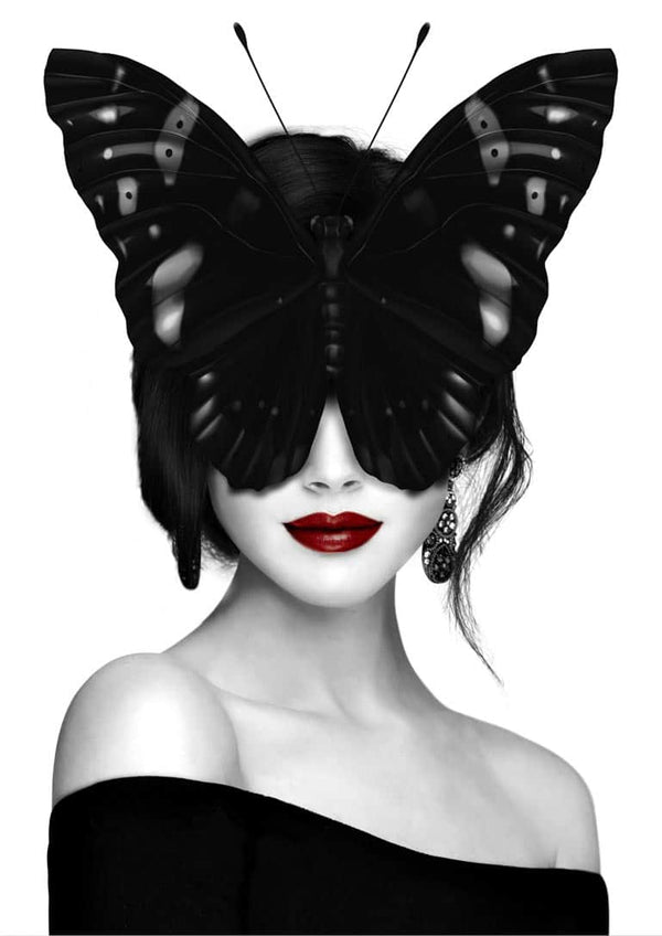 Artistic poster of a woman with red lips and a butterfly covering her eyes, titled Lady butterfly.