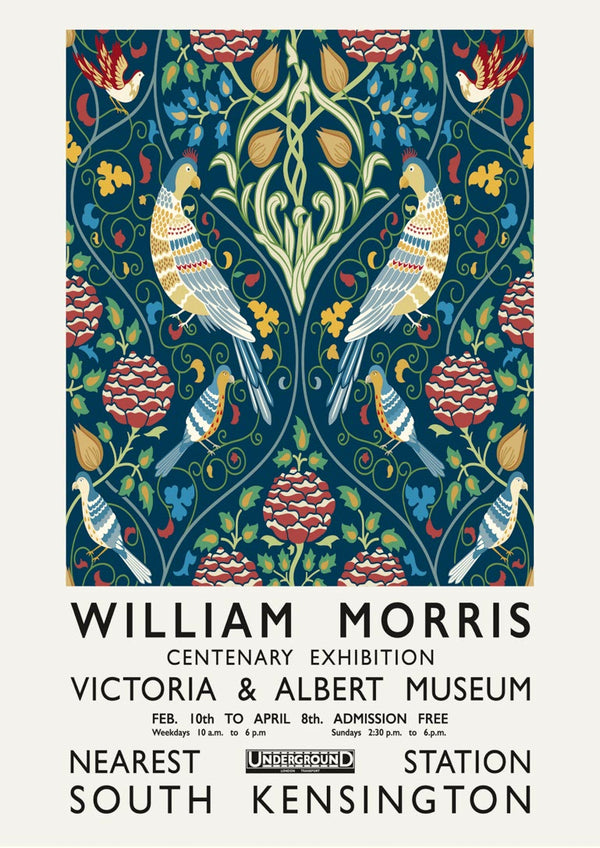 Poster for William Morris Centenary Exhibition with floral and bird pattern, details of venue and dates below.