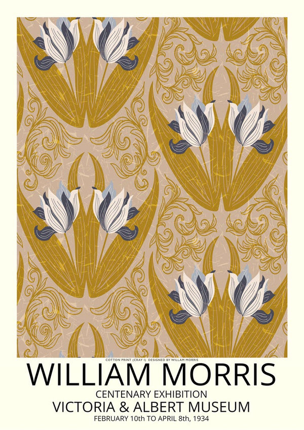 Poster featuring William Morris tulip pattern in gold and blue, with exhibition details at the Victoria & Albert Museum.