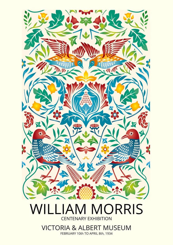 Colorful William Morris birds poster with ornate floral patterns and three stylized birds, vintage exhibition design.