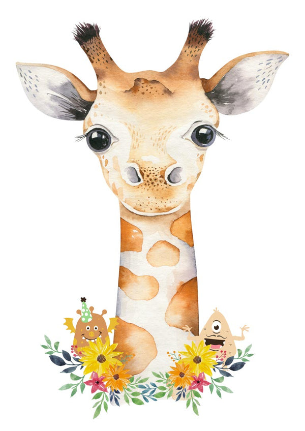 Cute illustrated giraffe with big eyes, surrounded by colorful flowers and playful cartoon animals for children's decor.