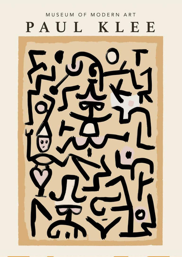 Abstract Paul Klee art poster with black line figures on a beige background, featured for living room decor.