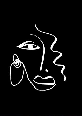 Minimalist line art poster of a face on black background, featuring simple white lines and an abstract style.