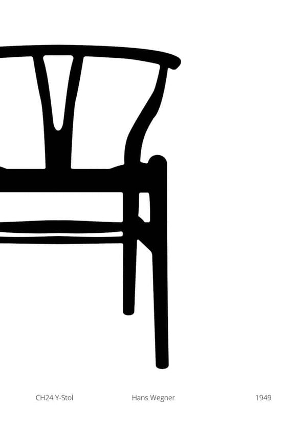 Minimalist poster of Hans Wegner's Y-chair in black and white, perfect for living room decor.
