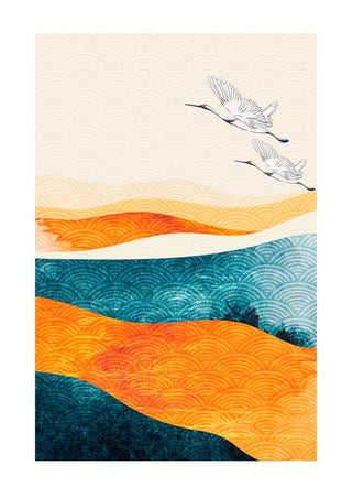 Two Japanese cranes flying over stylized orange and blue waves, featured on a Japanese art print poster.