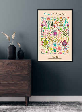 Fleurs et Plantes Paris #4 art poster featuring colorful illustrated flowers and plants in a modern interior setting.