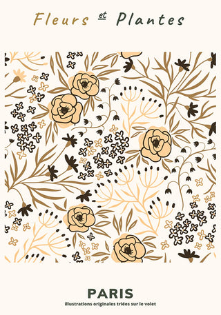 Art print featuring beige and brown floral patterns with "Fleurs et Plantes Paris" written at the top.