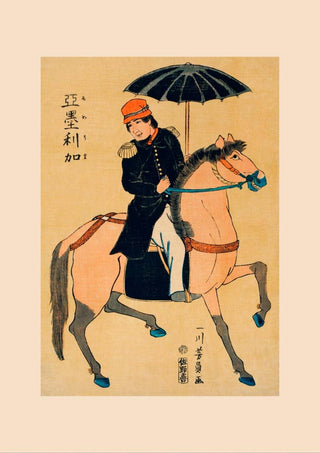 Japanese art poster of a man in uniform on horseback holding an umbrella, from Amerika by Utagawa Yoshikazu.
