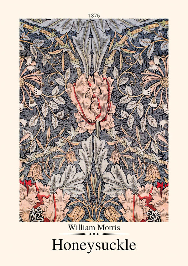 William Morris Honeysuckle poster featuring intricate floral patterns in muted pink, blue, and cream tones.