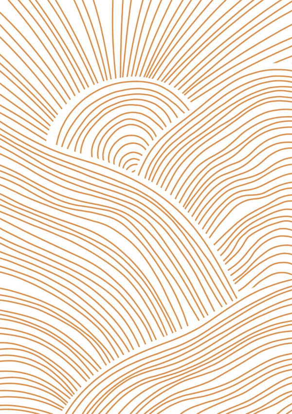 Abstract line art poster featuring curved golden lines forming a sun and rolling hills on a white background.