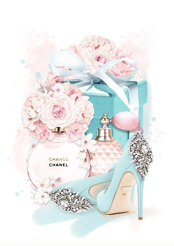 Chanel fashion-themed poster with perfume, flowers, jeweled blue high heels, and an elegant gift box.