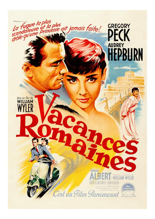 Poster for "Vacances Romaines" featuring Audrey Hepburn, Gregory Peck, a scooter, and Roman landmarks.