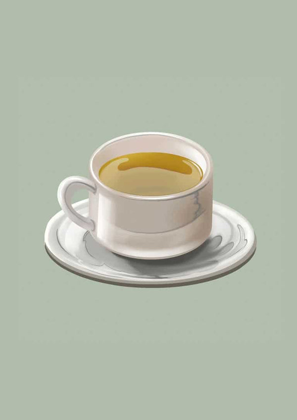 A white cup filled with green tea on a matching saucer, displayed on a muted green background.