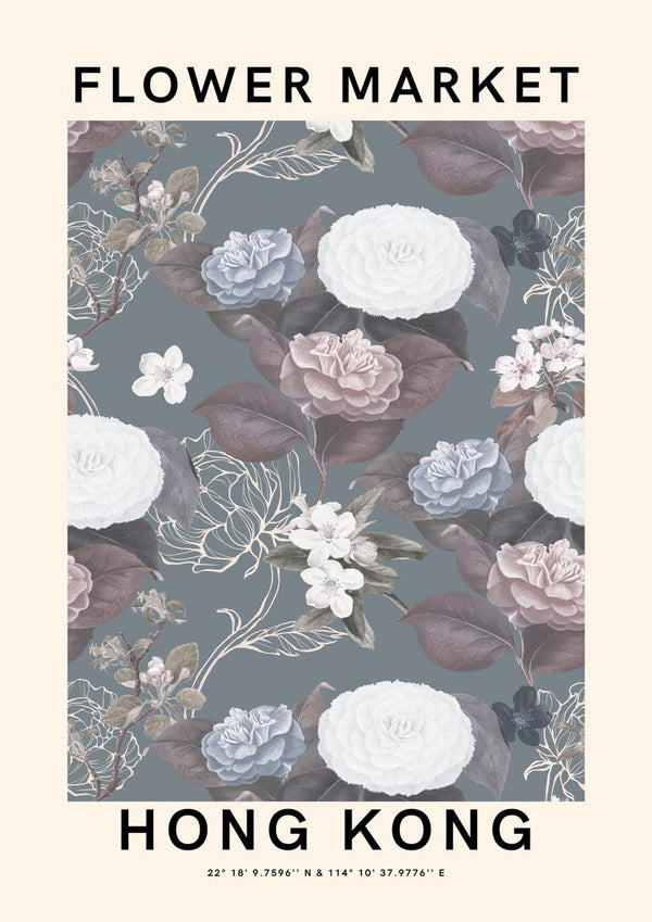 Poster with illustrated white and pink flowers, labeled "Flower Market Hong Kong" on a beige background.