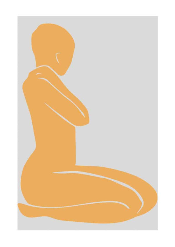 Minimalist illustration of a cream yellow woman kneeling with arms crossed, displayed on a light gray background.