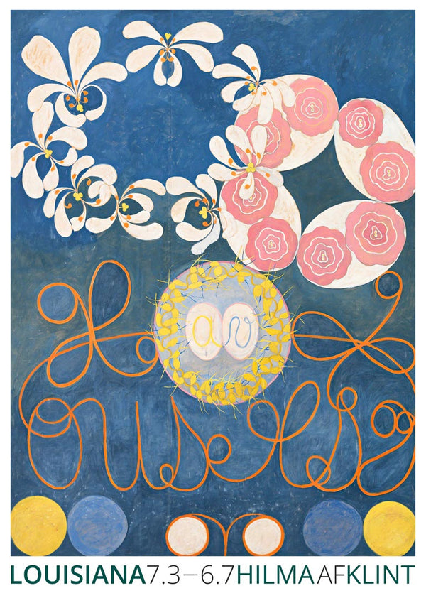 Abstract floral artwork by Hilma af Klint with swirling shapes and pastel flowers on a blue background.