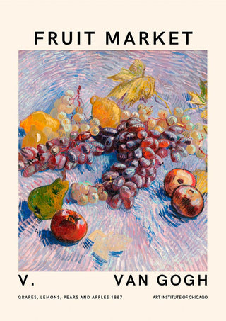 Van Gogh's Fruit Market No. 2 poster featuring grapes, lemons, pears, and apples on a textured background.