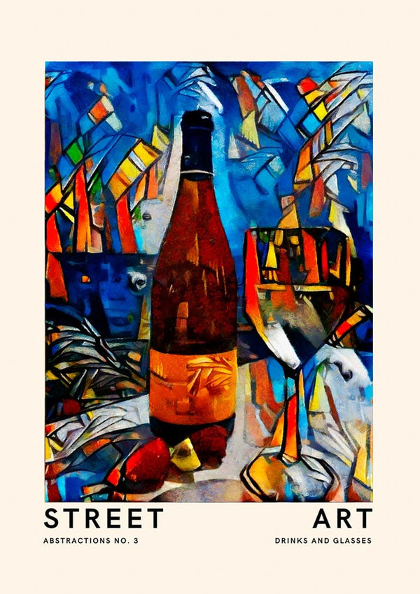Abstract street art poster with a wine bottle and glass, inspired by French style, colorful geometric shapes.