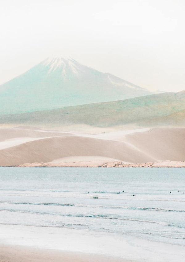 Minimalist print of a serene beach with gentle waves and a misty mountain in the background.