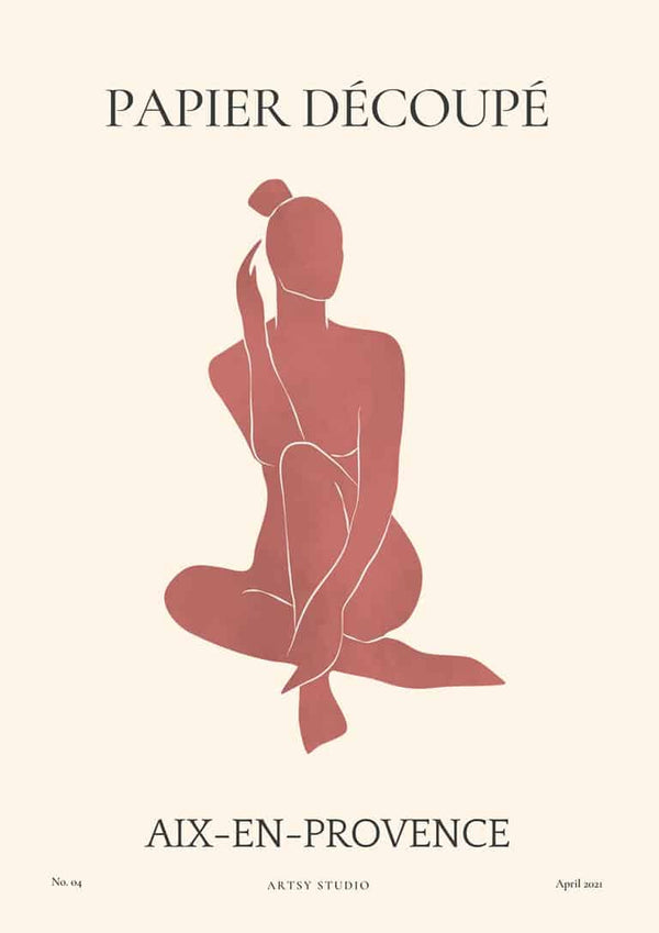 Minimalist art print of a seated abstract figure in terracotta tones, titled Papier Decoupe No. 04.
