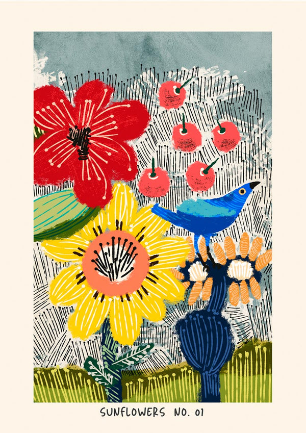 Colorful illustration of sunflowers, a blue bird, red flowers, and fruit with "Sunflowers No. 01" text below.