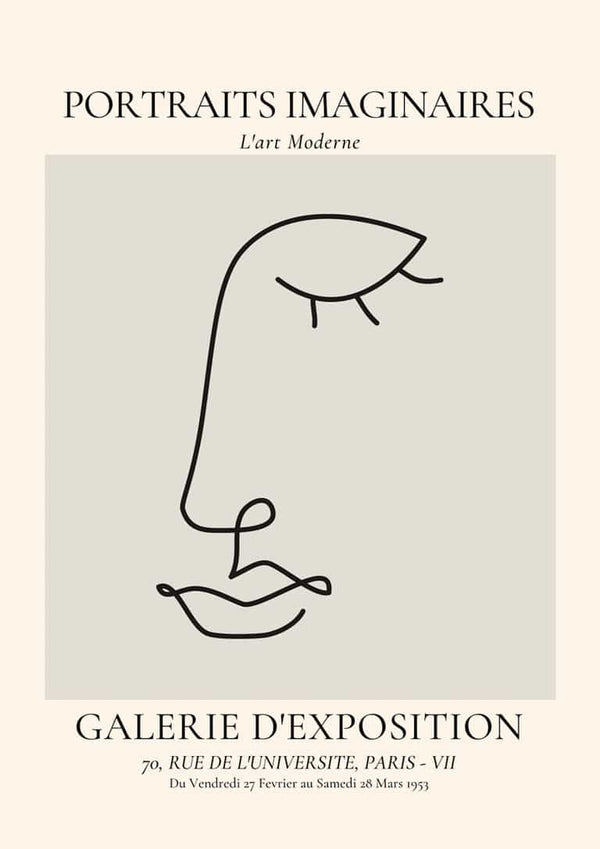Minimalist line drawing of an eye and face with "Portraits Imaginaires" on a vintage-style exhibition poster.