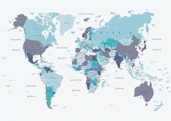 Blue world map poster with countries in various shades of blue on a light background.