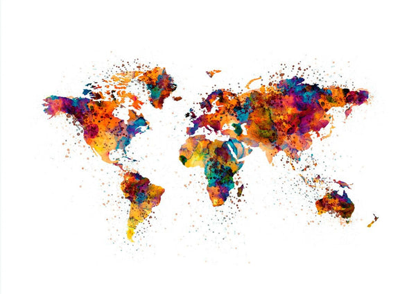 Colorful world map poster with vibrant watercolor splashes on a white background.