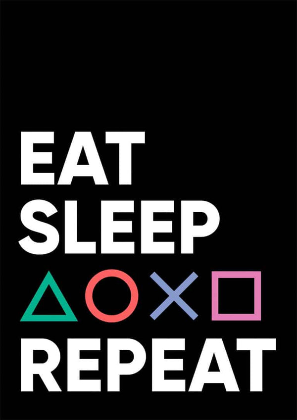 Fortnite gamer poster with text "EAT SLEEP REPEAT" and PlayStation controller symbols in the center.