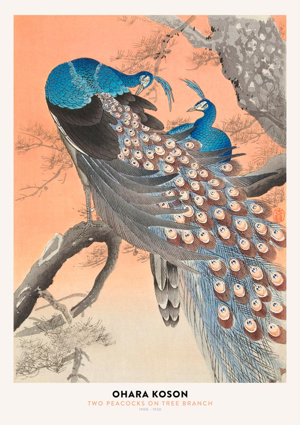Two vibrant peacocks perched on a tree branch in traditional Japanese art style.