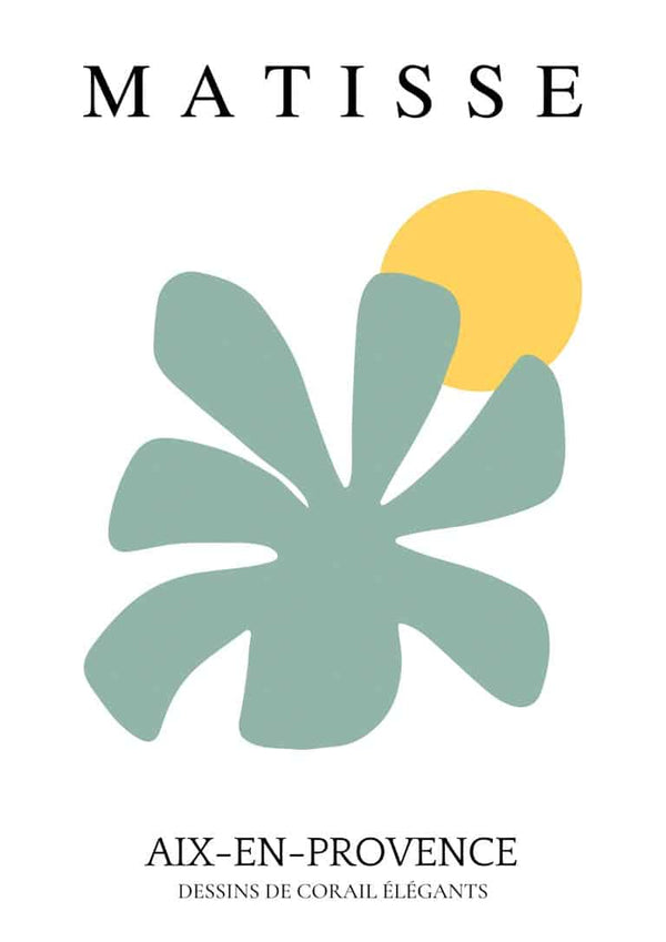 Abstract green flower with a yellow circle on white background, Matisse style wall art plakat design.