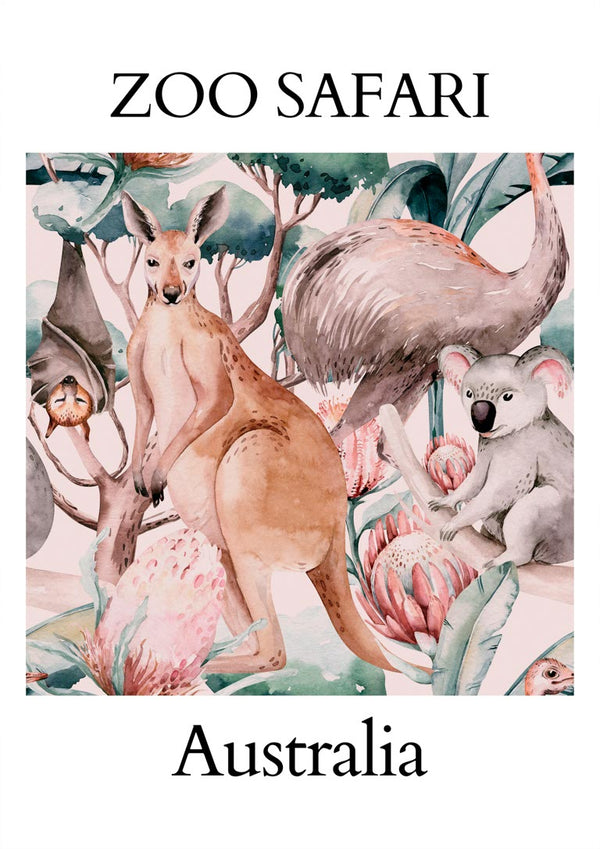 Illustrated poster of Australian animals including kangaroo, koala, and emu with the text "Zoo Safari Australia".