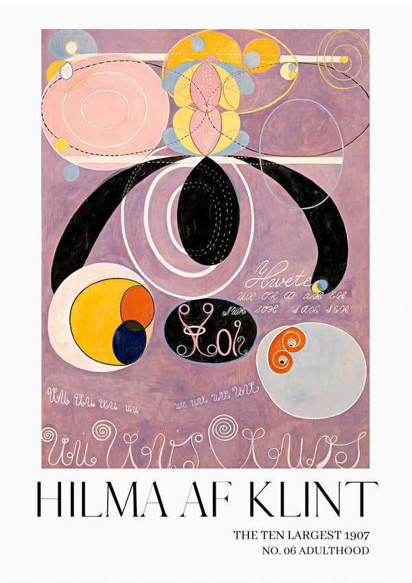 Abstract artwork by Hilma af Klint, Adulthood No. 6, featuring colorful geometric shapes and flowing script.