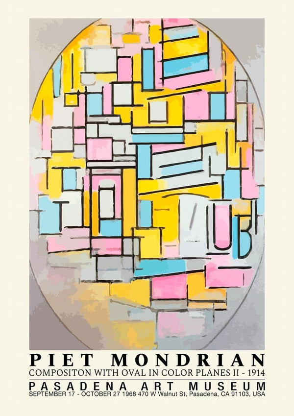 Abstract oval composition with geometric shapes in pastel colors by Piet Mondrian, featured on a museum exhibit poster.