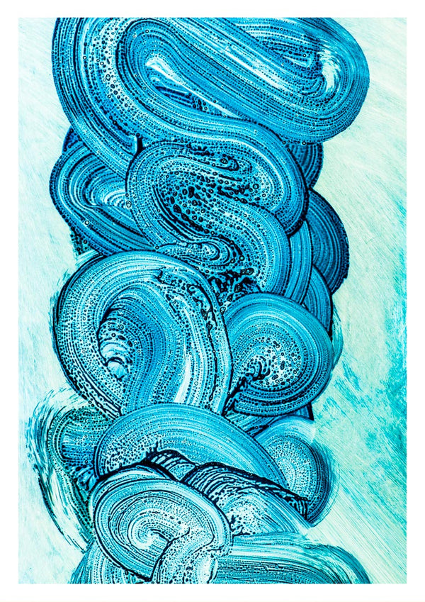 Abstract artwork featuring swirling blue brushstrokes on a light background for Blue Strokes Plakat product page.