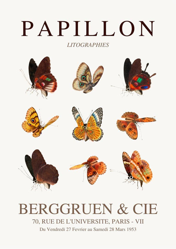 Poster featuring nine illustrated butterflies, titled "Papillon," with gallery and exhibition details below.