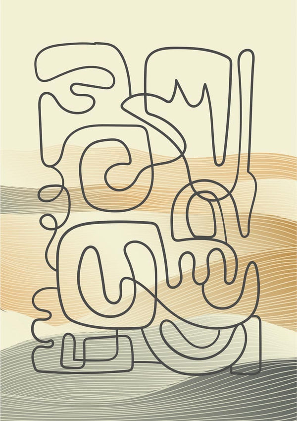 Abstract plakat with flowing brown waves and bold black lines forming organic shapes on a light background.