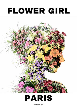 A silhouette of a girl filled with colorful flowers, with the text "Flower Girl Paris" above and below.