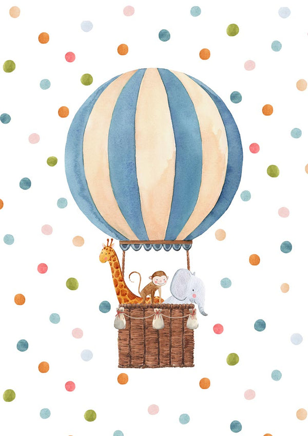 Whimsical hot air balloon with a giraffe, monkey, and elephant in the basket against a polka dot background.