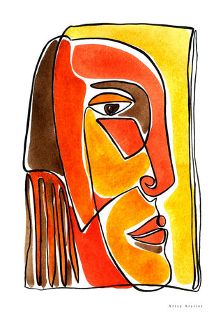 Abstract face artwork in yellow and red tones, featured on the Yellow and Red Face Imaginaires Plakat product page.