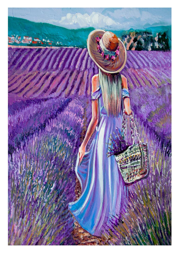 Painting of a woman in a lavender field, wearing a hat and holding a basket, for Violet fields Mademoiselle Plakat.