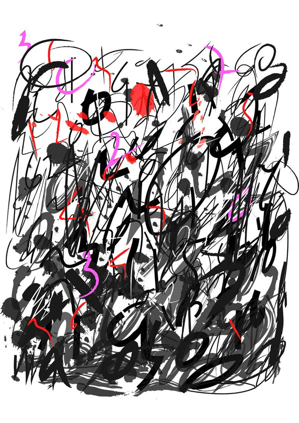 Abstract street art poster with chaotic black streaks, red accents, and splashes of pink on a white background.